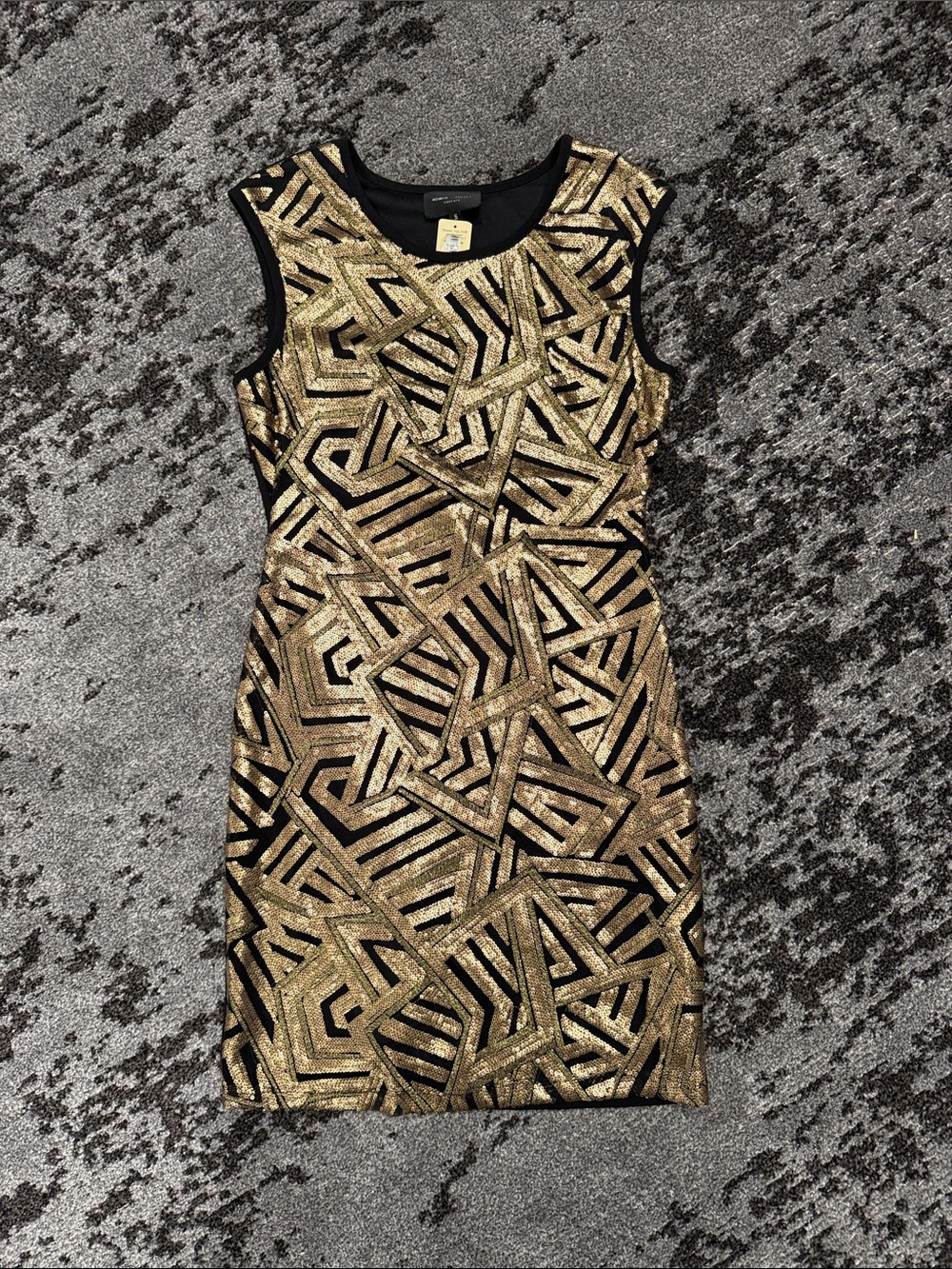 Romeo & Juliet Couture Black and Gold Geometric Sequin Mini Dress